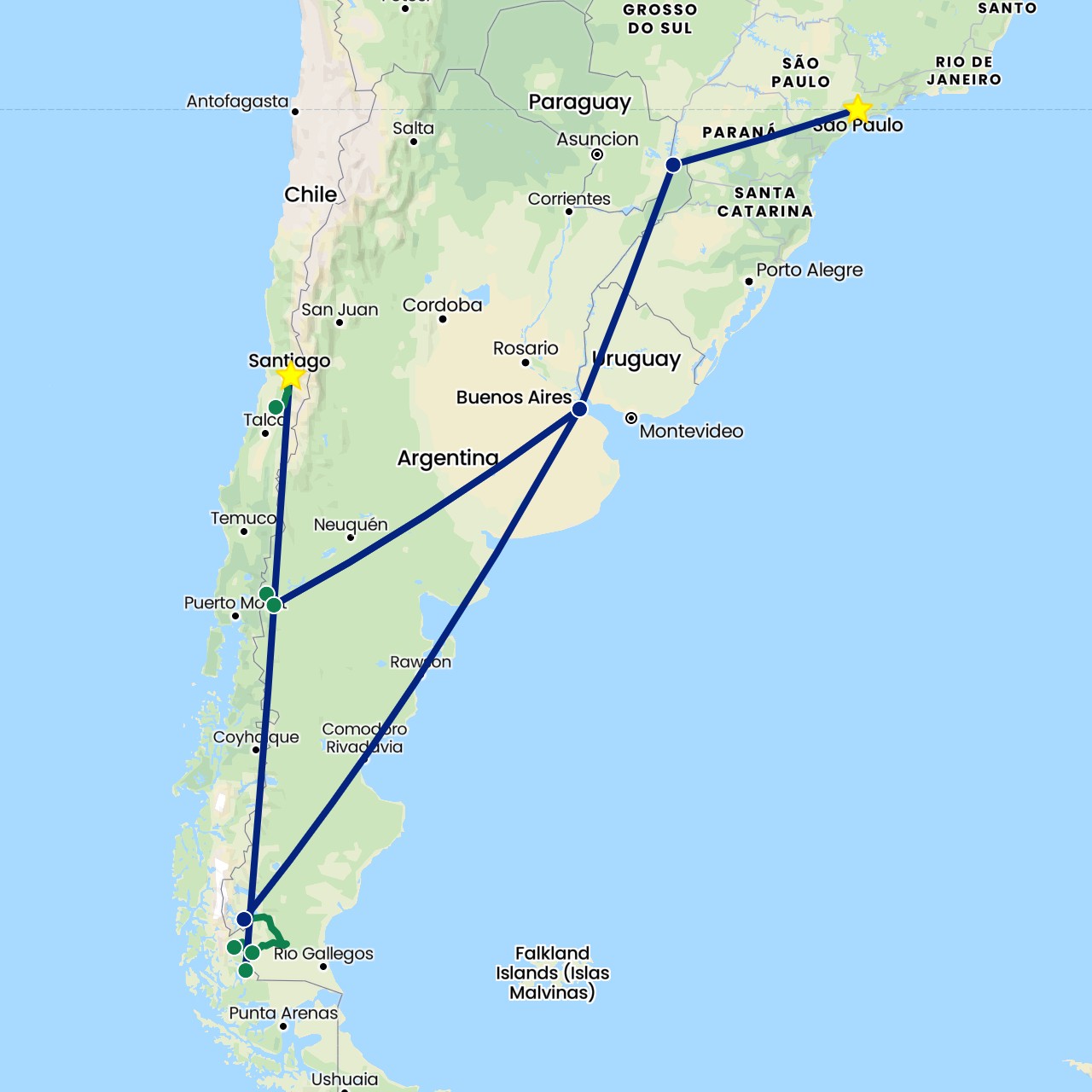 TravelMap itinerary: flight, private car transfer in Argentina, Brazil, Chile (South America)