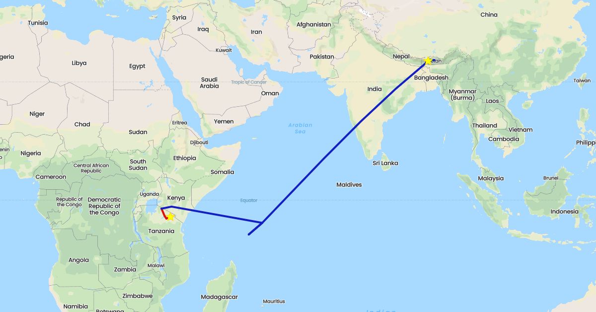 TravelMap itinerary: driving, commercial flight, private car transfer, safari charter flight in Bhutan, Kenya, Seychelles, Tanzania (Africa, Asia)
