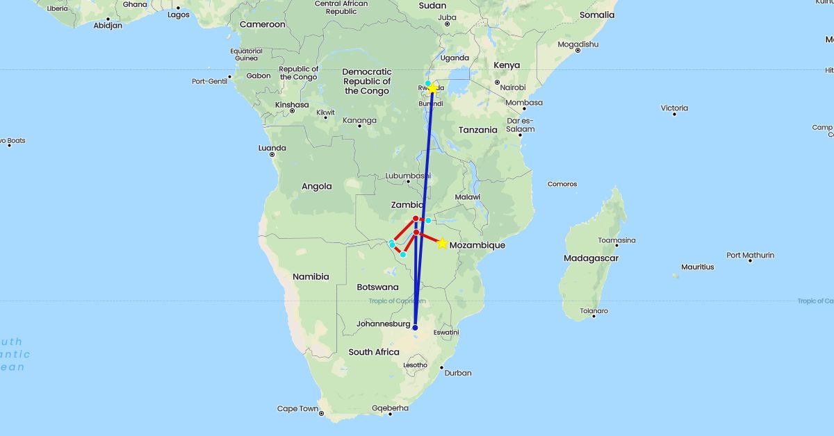 TravelMap itinerary: private flight, commercial flight, safari vehicle, safari charter flight in Rwanda, South Africa, Zambia, Zimbabwe (Africa)