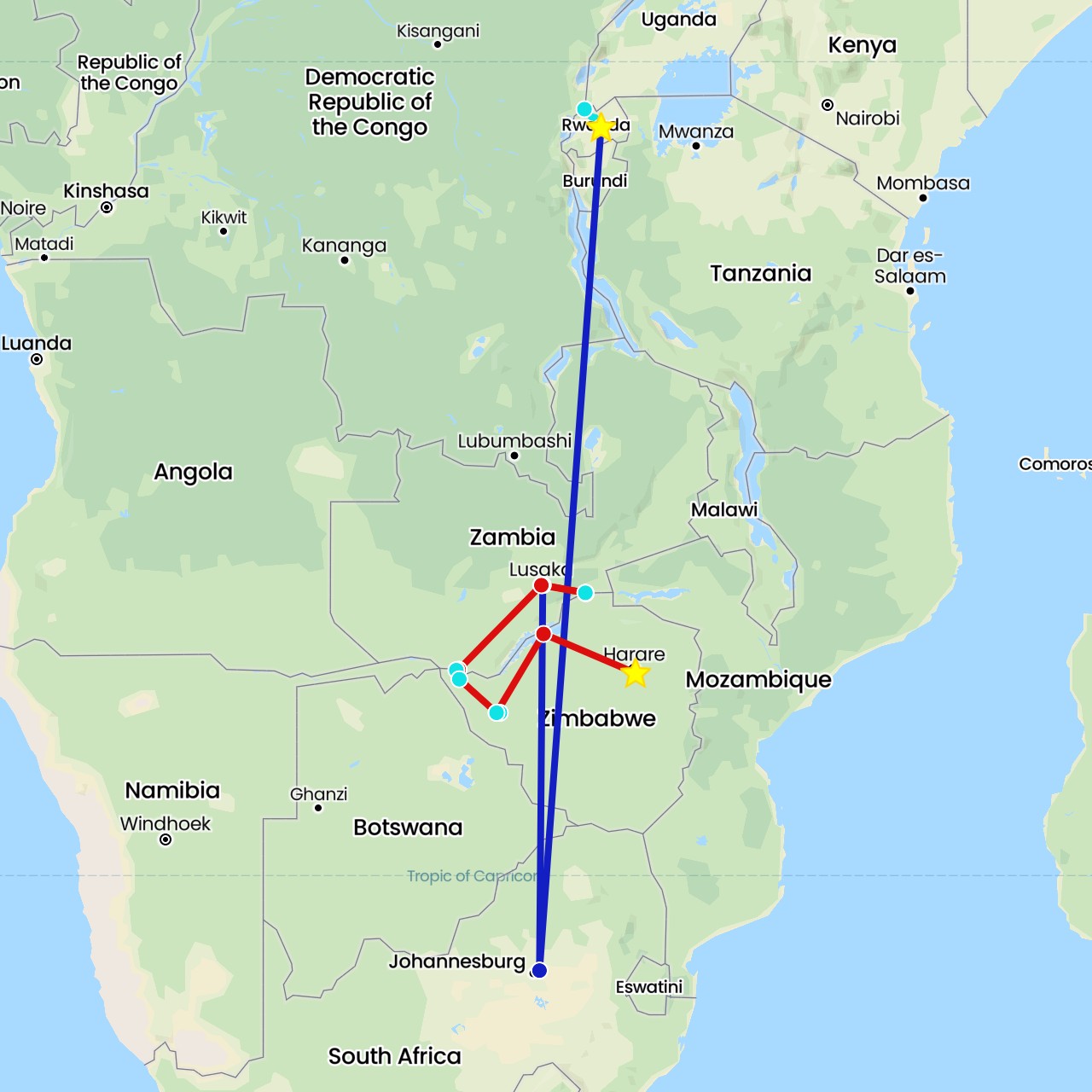 TravelMap itinerary: private flight, commercial flight, safari vehicle, safari charter flight in Rwanda, South Africa, Zambia, Zimbabwe (Africa)