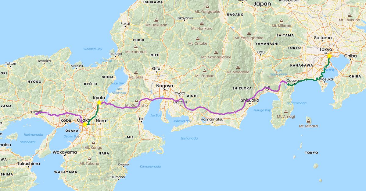 TravelMap itinerary: driving, train, private car transfer in Japan (Asia)