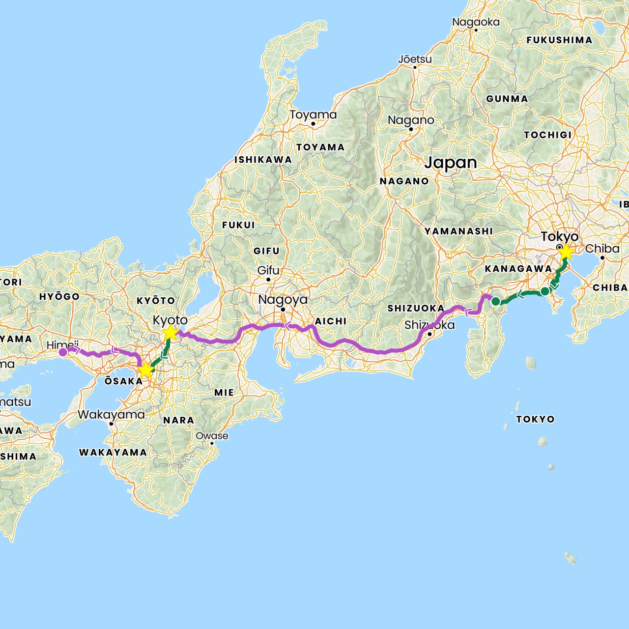 TravelMap itinerary: driving, train, private car transfer in Japan (Asia)