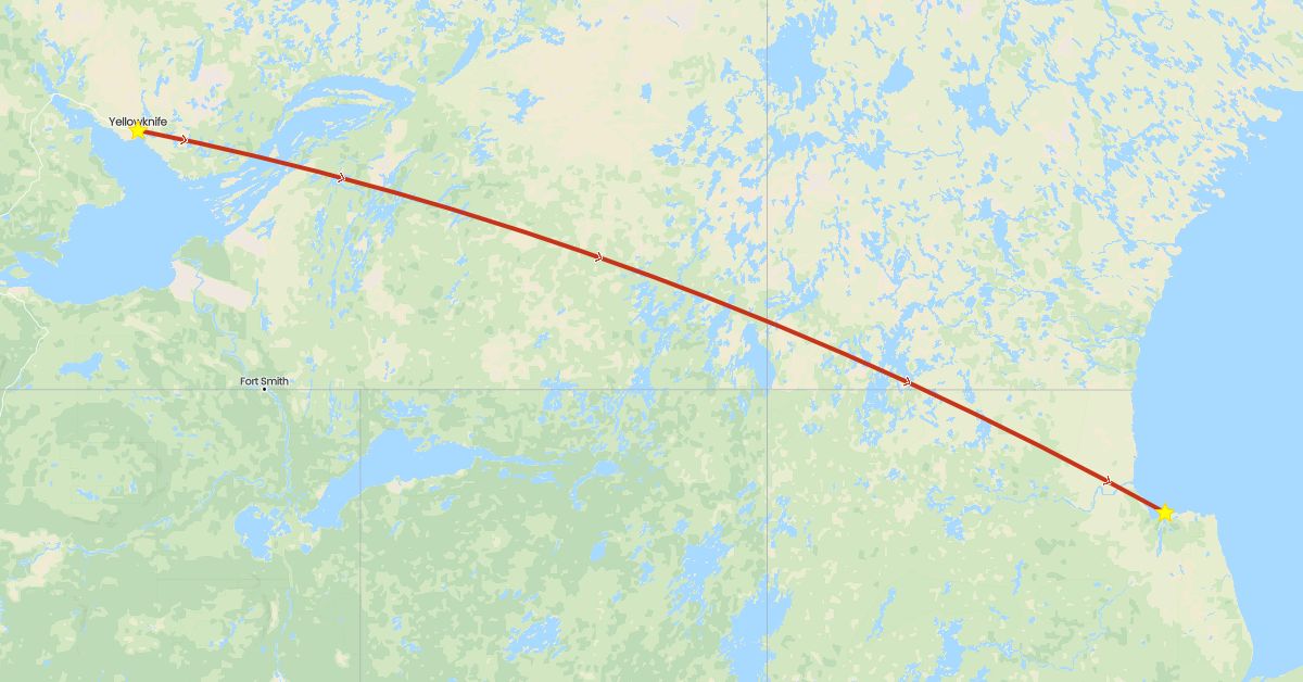 TravelMap itinerary: private flight in Canada (North America)