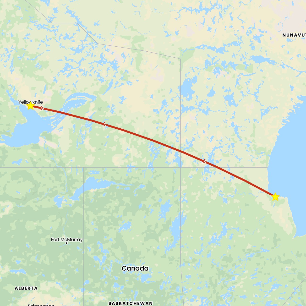 TravelMap itinerary: private flight in Canada (North America)