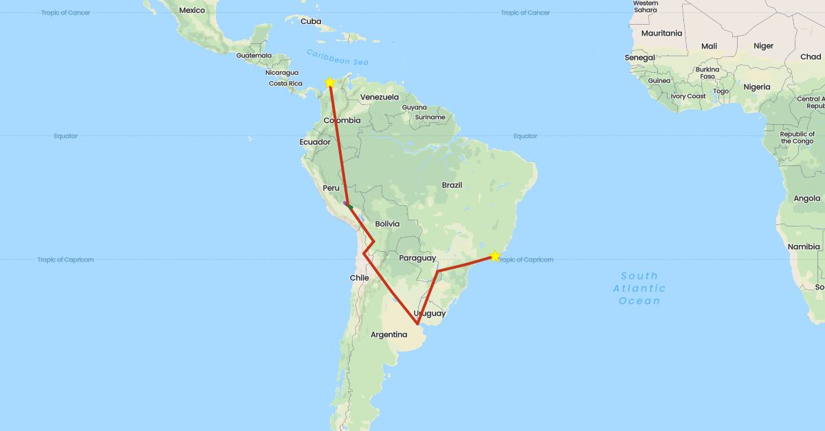 TravelMap itinerary: driving, train, private flight, private car transfer in Argentina, Bolivia, Brazil, Chile, Colombia, Peru (South America)