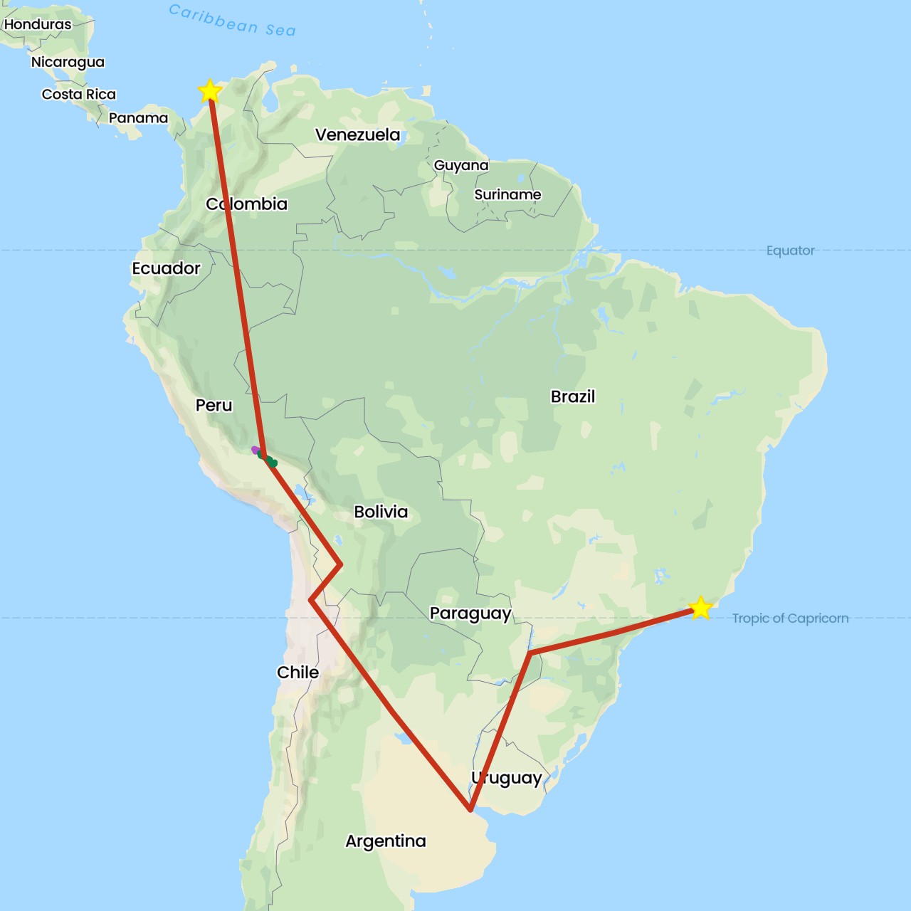 TravelMap itinerary: driving, train, private flight, private car transfer in Argentina, Bolivia, Brazil, Chile, Colombia, Peru (South America)