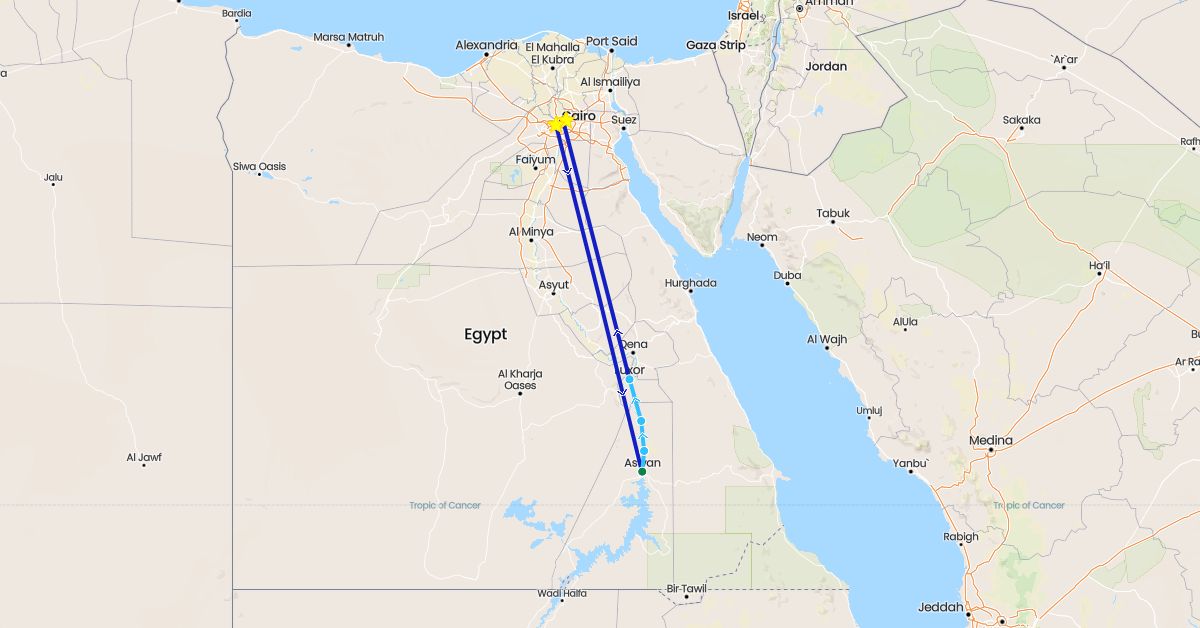 TravelMap itinerary: driving, boat, commercial flight, private car transfer in Egypt (Africa)