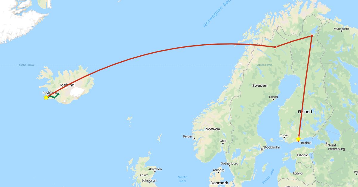 TravelMap itinerary: driving, private flight, private car transfer in Finland, Iceland, Sweden (Europe)