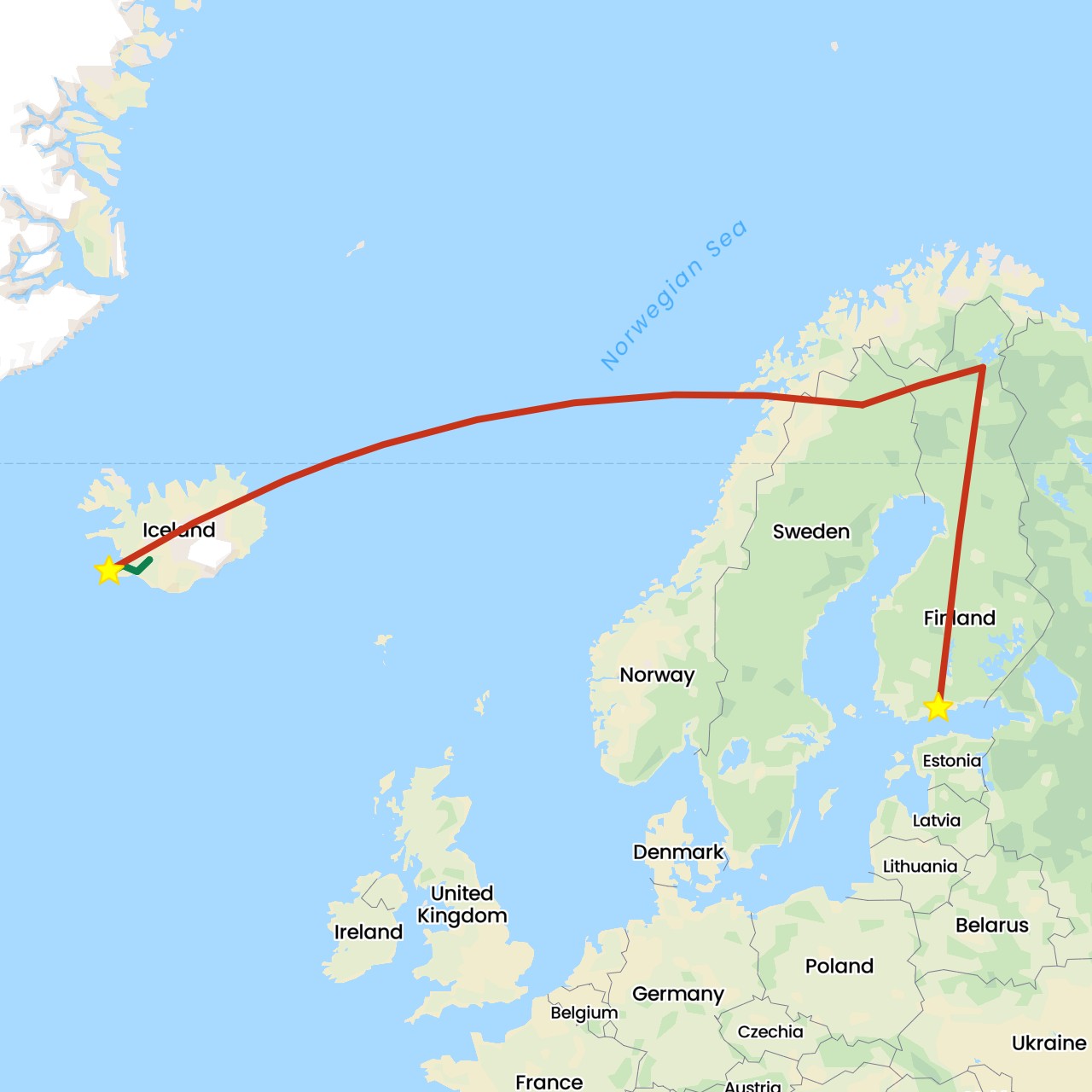 TravelMap itinerary: driving, private flight, private car transfer in Finland, Iceland, Sweden (Europe)