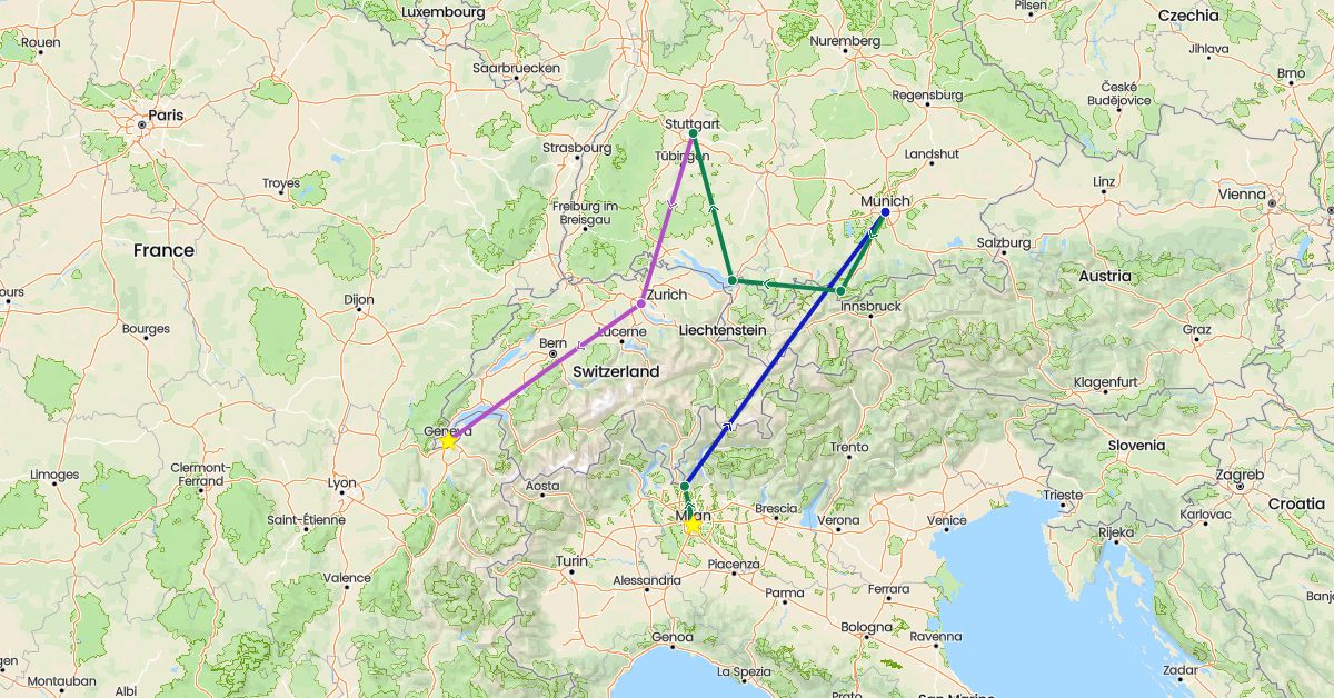 TravelMap itinerary: driving, train, commercial flight, private car transfer in Switzerland, Germany, Italy (Europe)
