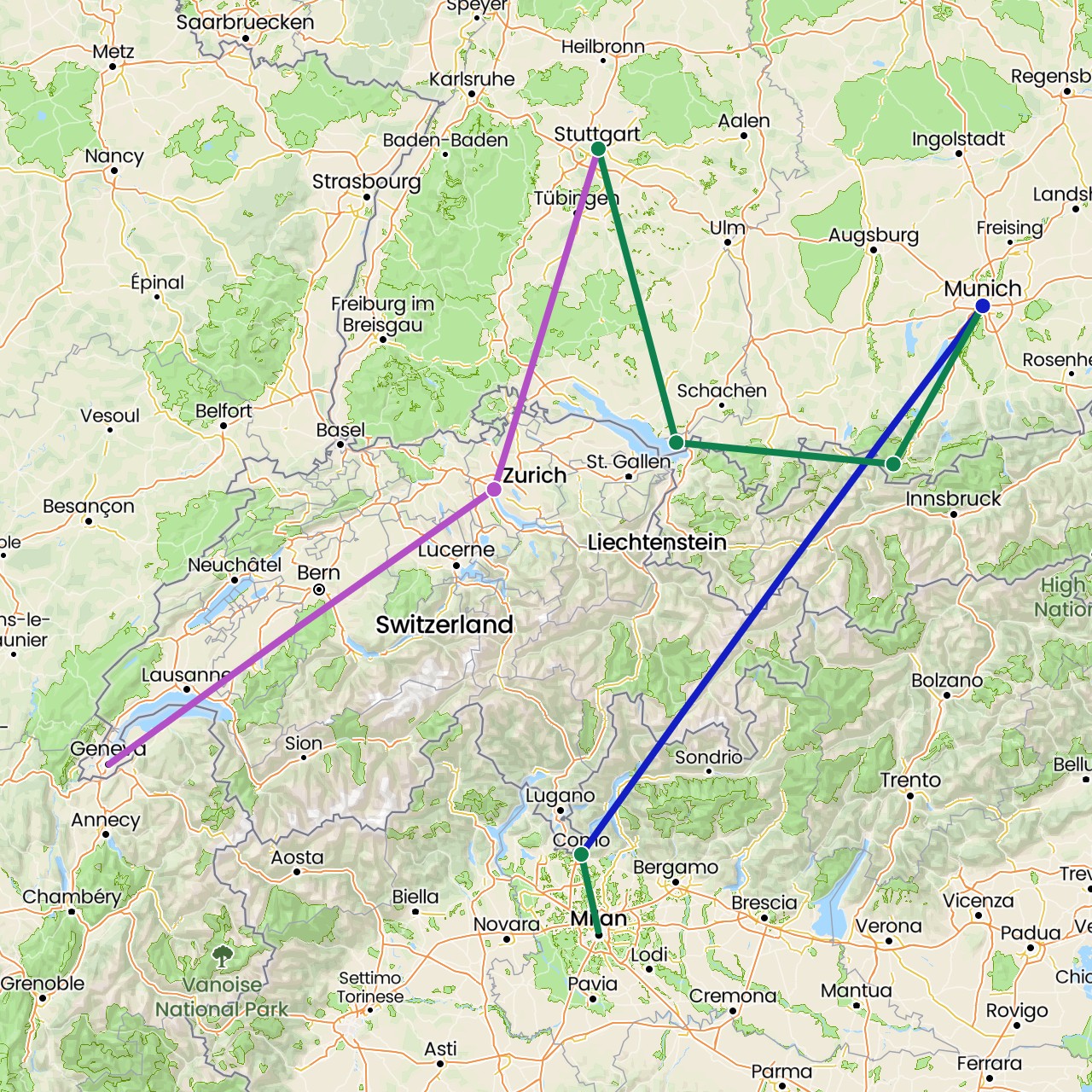 TravelMap itinerary: driving, train, commercial flight, private car transfer in Switzerland, Germany, Italy (Europe)