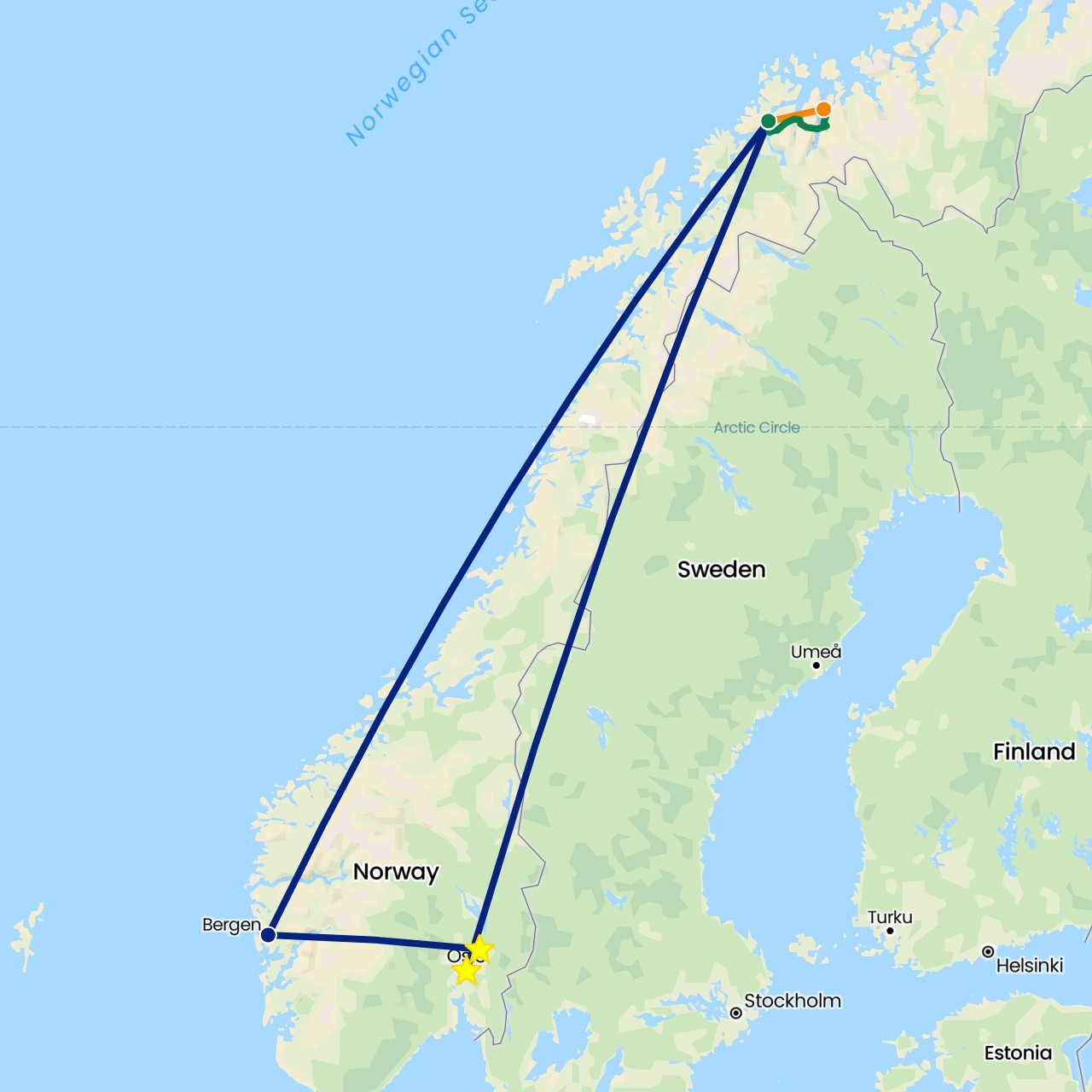 TravelMap itinerary: driving, flight, private car transfer, helicopter in Norway (Europe)