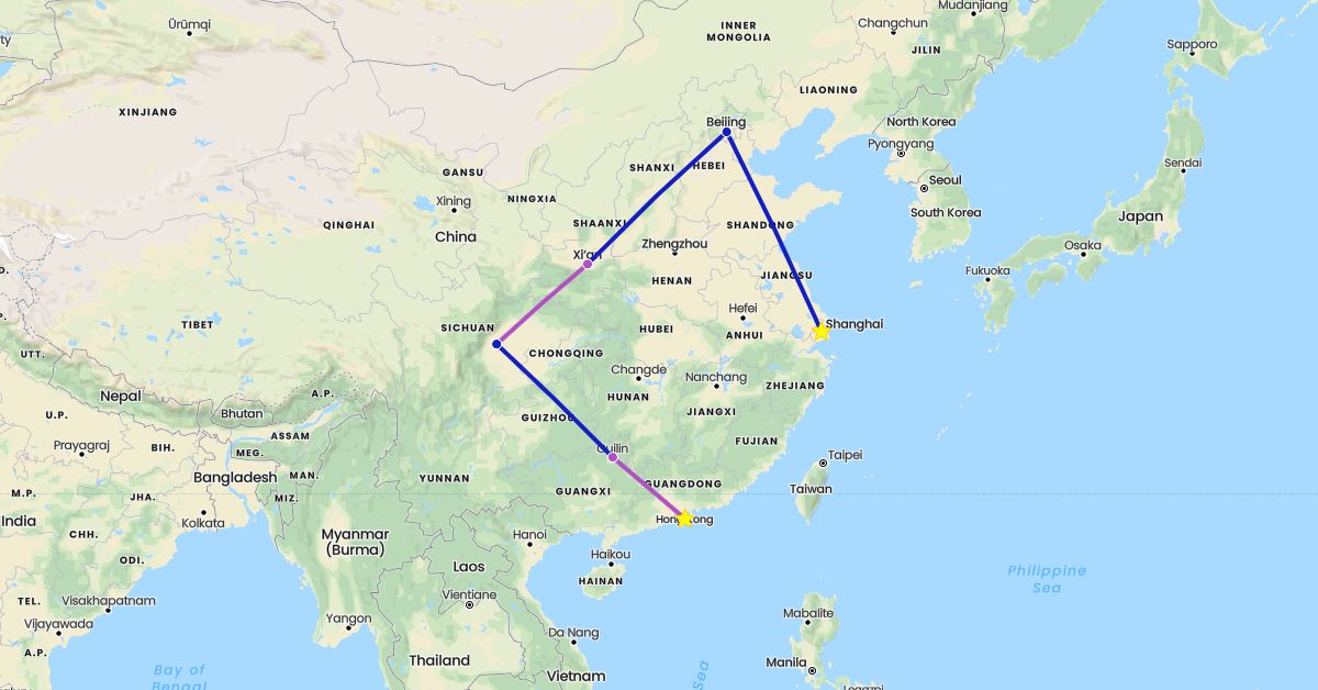 TravelMap itinerary: driving, train, commercial flight in China (Asia)