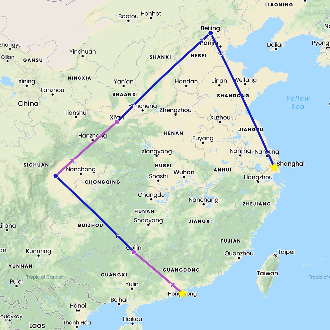 TravelMap itinerary: driving, train, commercial flight in China (Asia)