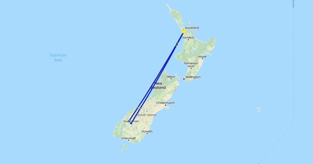 TravelMap itinerary: driving, commercial flight, private car transfer in New Zealand (Oceania)
