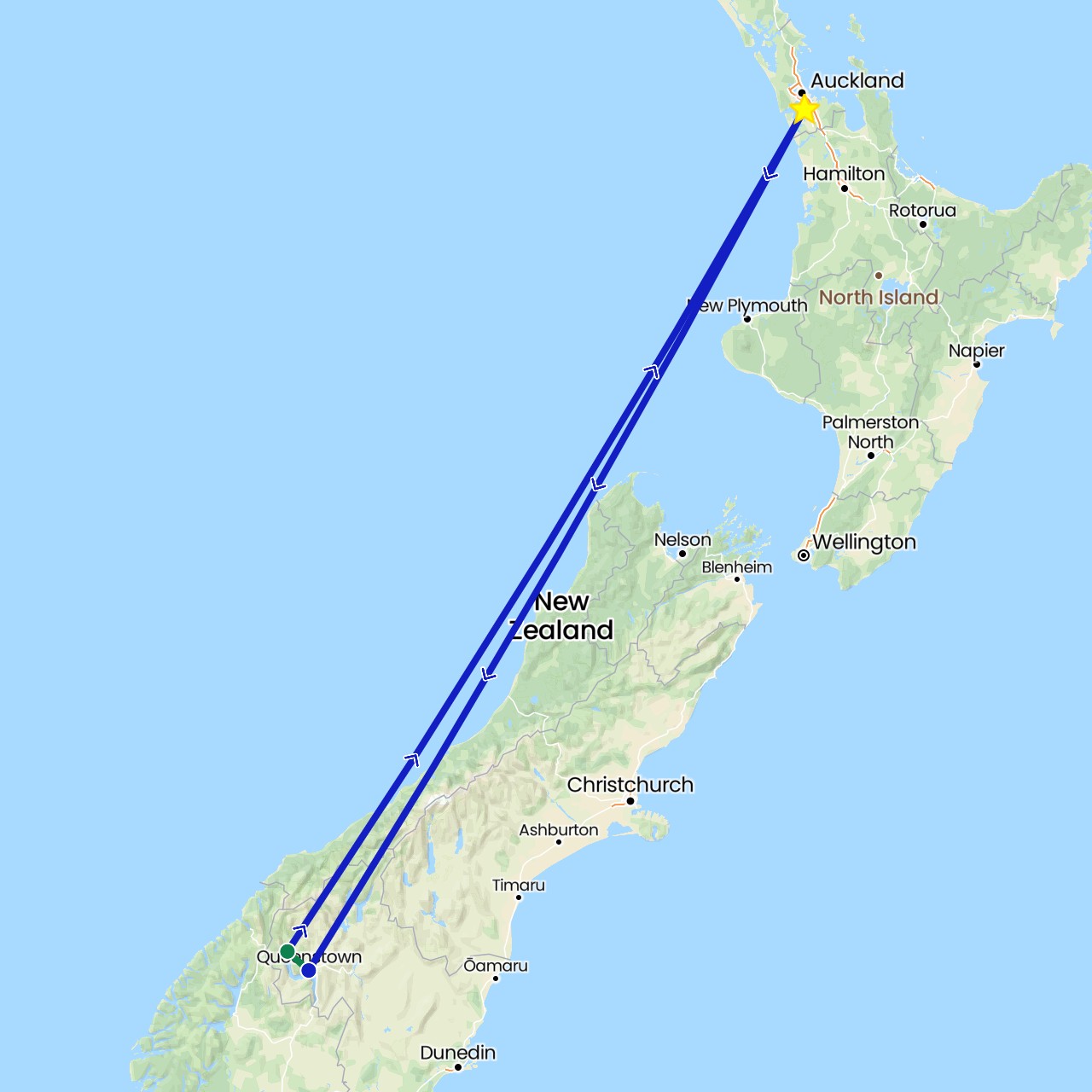 TravelMap itinerary: driving, commercial flight, private car transfer in New Zealand (Oceania)