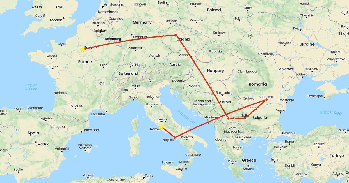 TravelMap itinerary: driving, private flight in Bulgaria, Czech Republic, France, Italy, Romania, Kosovo (Europe)