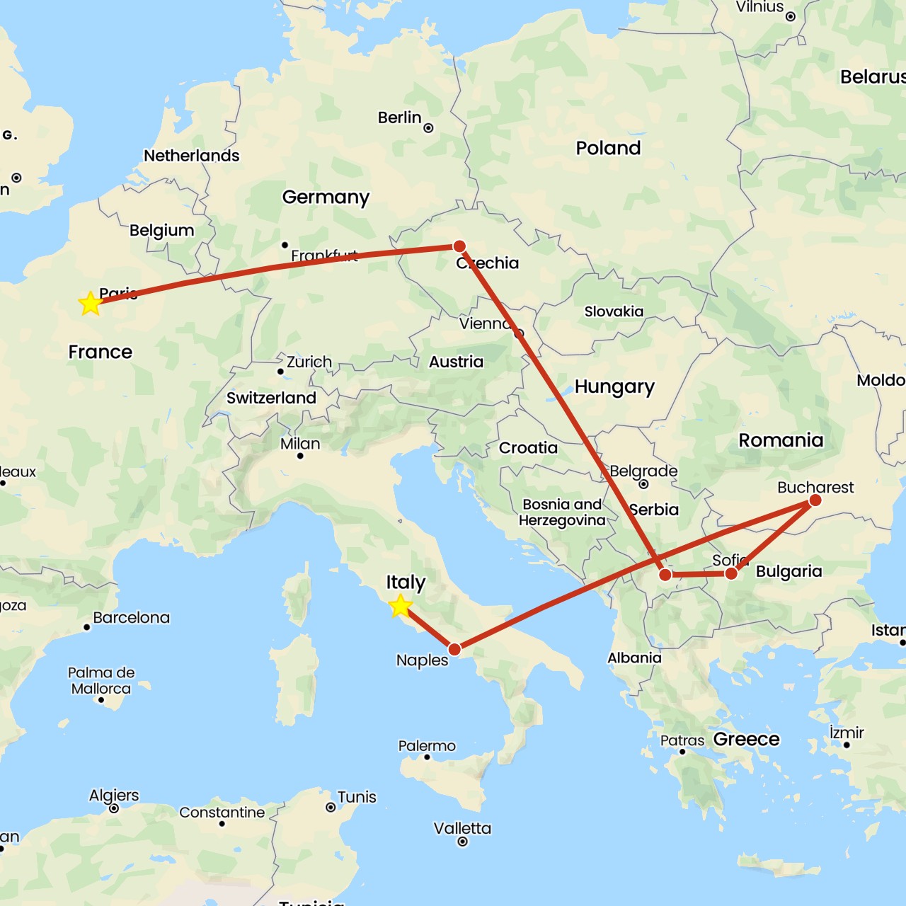 TravelMap itinerary: driving, private flight in Bulgaria, Czech Republic, France, Italy, Romania, Kosovo (Europe)