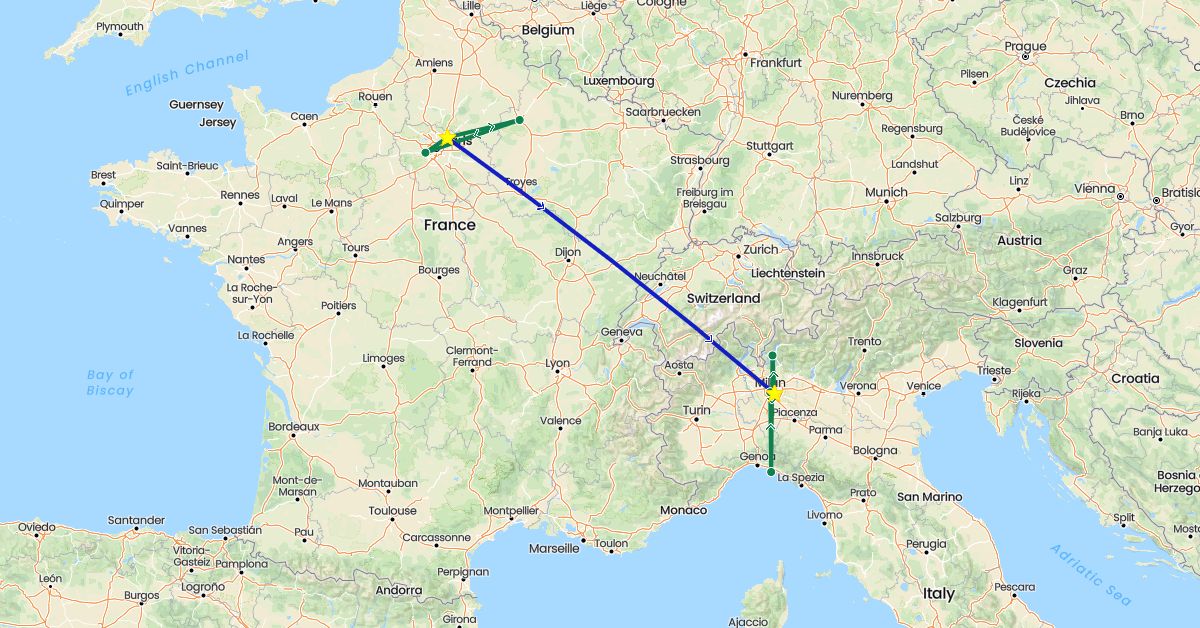 TravelMap itinerary: driving, commercial flight, private car transfer in France, Italy (Europe)