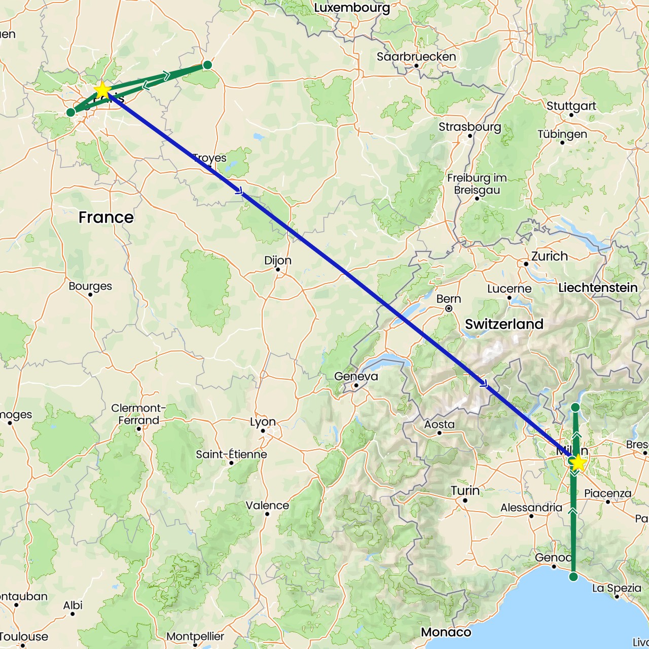 TravelMap itinerary: driving, commercial flight, private car transfer in France, Italy (Europe)