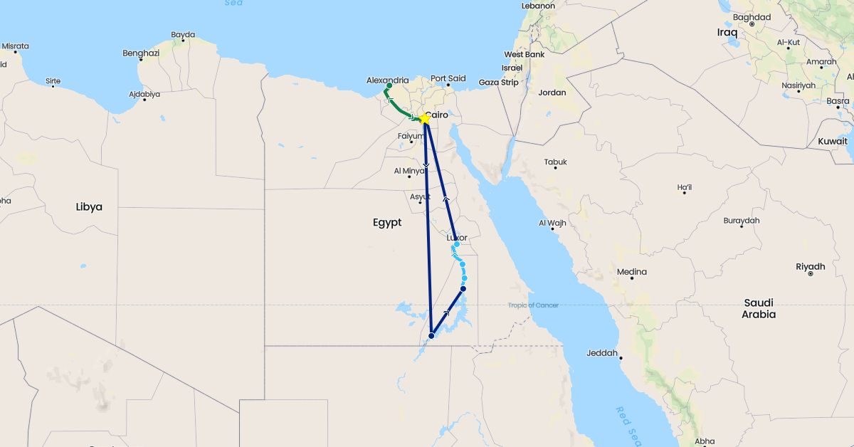 TravelMap itinerary: driving, boat, flight, private car transfer in Egypt (Africa)