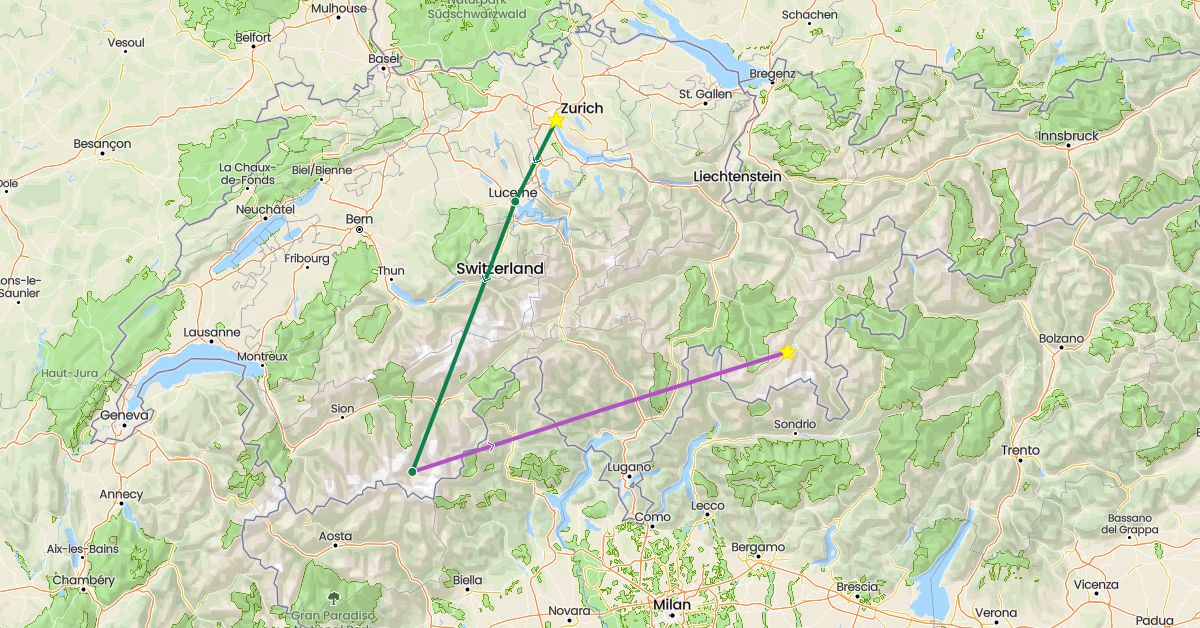 TravelMap itinerary: driving, train, private car transfer in Switzerland (Europe)