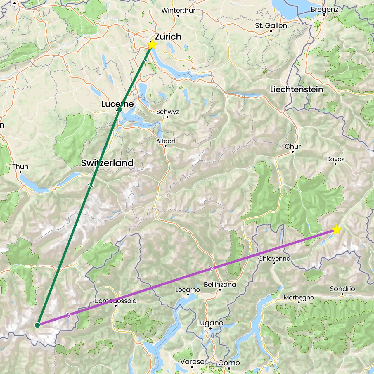 TravelMap itinerary: driving, train, private car transfer in Switzerland (Europe)