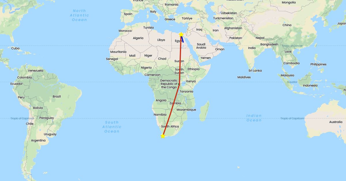TravelMap itinerary: driving, private flight, commercial flight, private car transfer in Egypt, Rwanda, South Africa (Africa)