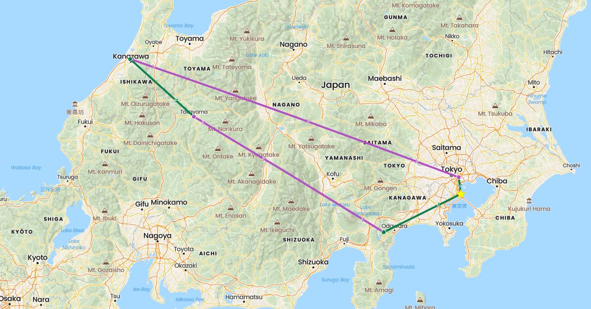TravelMap itinerary: driving, train, private car transfer in Japan (Asia)