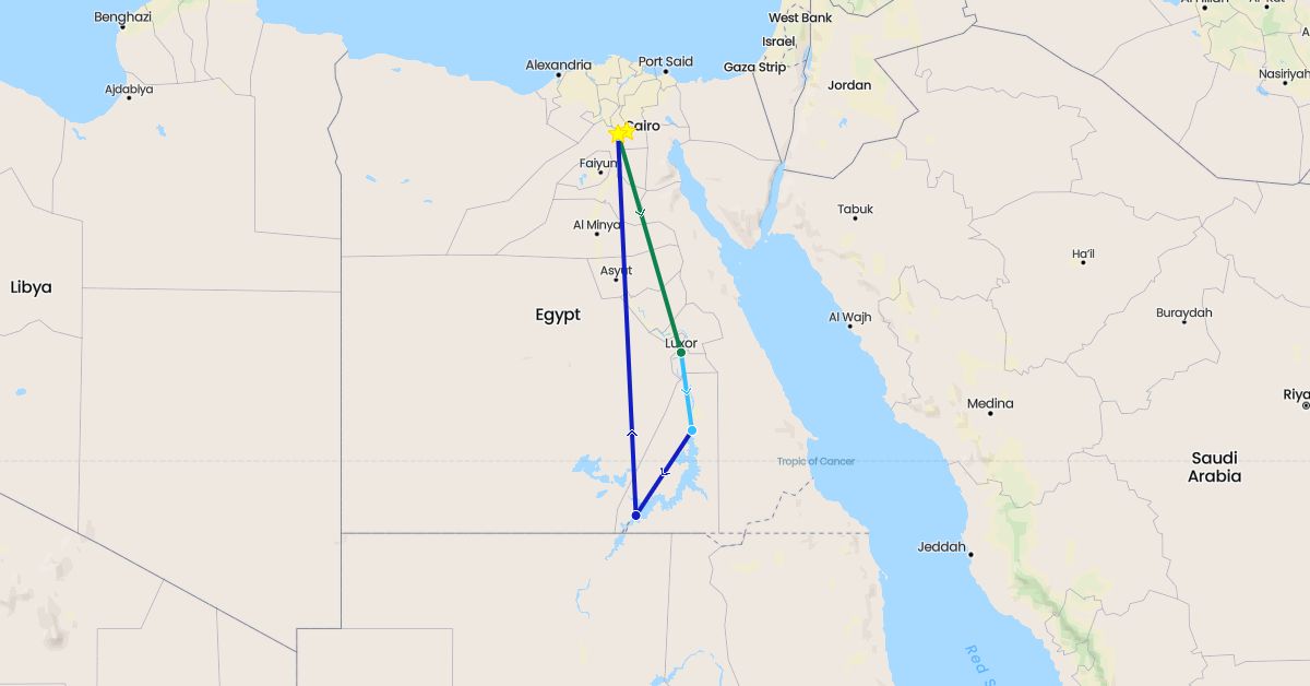 TravelMap itinerary: driving, boat, commercial flight, private car transfer in Egypt (Africa)