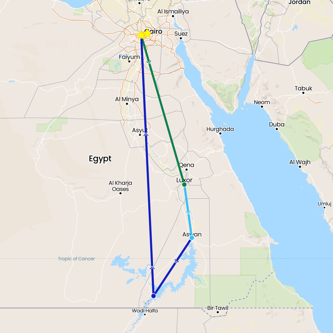 TravelMap itinerary: driving, boat, commercial flight, private car transfer in Egypt (Africa)