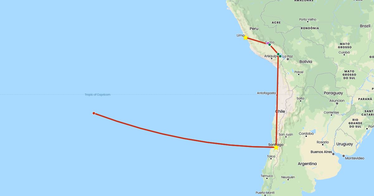 TravelMap itinerary: driving, train, private flight, private car transfer in Chile, Peru (South America)