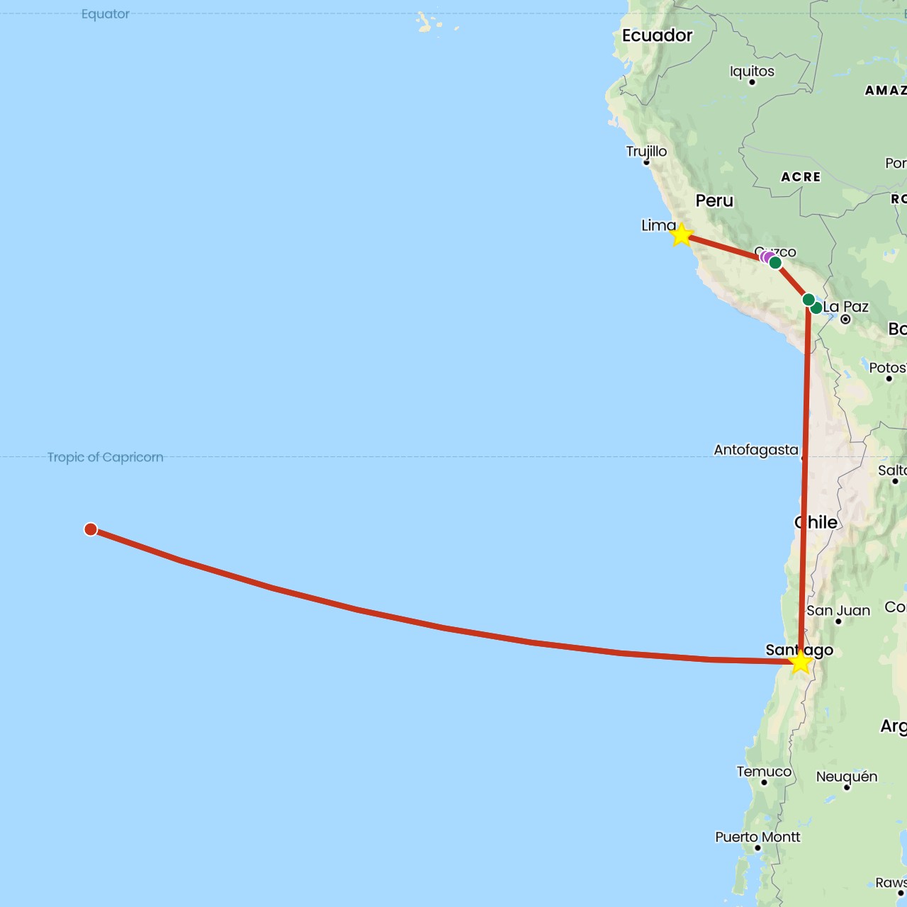 TravelMap itinerary: driving, train, private flight, private car transfer in Chile, Peru (South America)