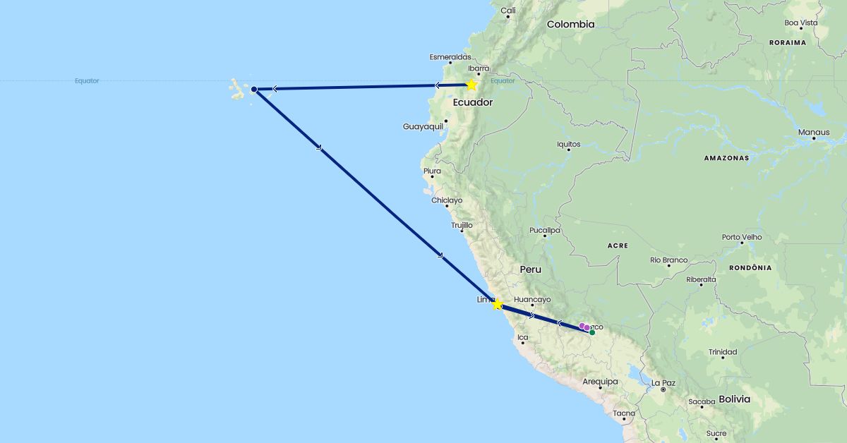 TravelMap itinerary: driving, train, flight, private car transfer in Ecuador, Peru (South America)