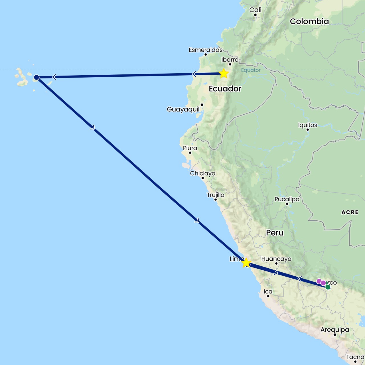 TravelMap itinerary: driving, train, flight, private car transfer in Ecuador, Peru (South America)