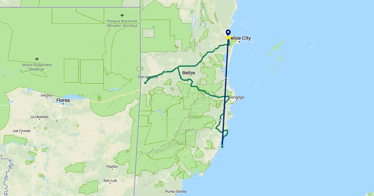 TravelMap itinerary: driving, flight, private car transfer in Belize (North America)
