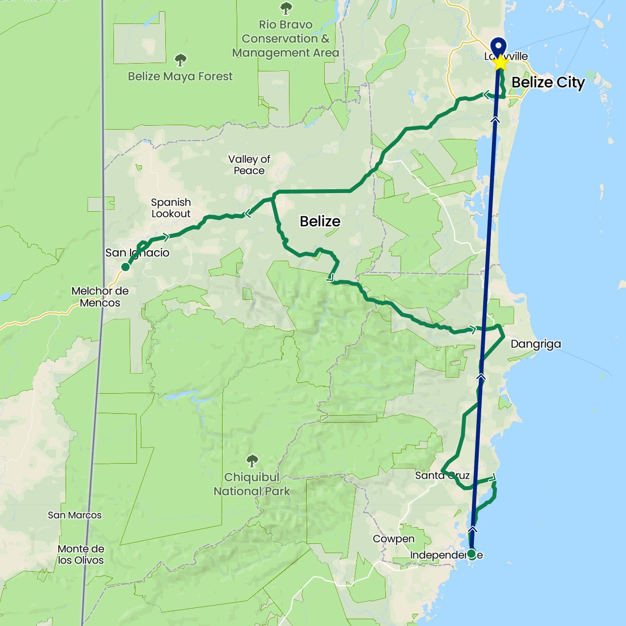 TravelMap itinerary: driving, flight, private car transfer in Belize (North America)