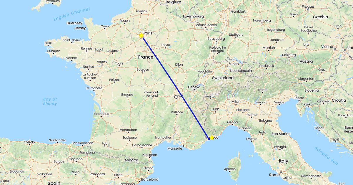 TravelMap itinerary: driving, commercial flight, private car transfer in France (Europe)