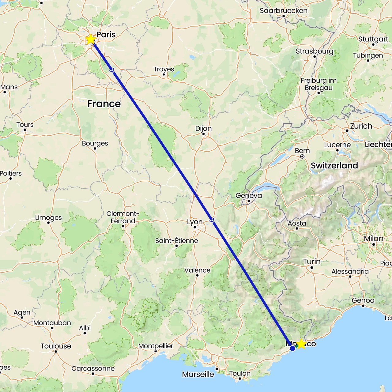 TravelMap itinerary: driving, commercial flight, private car transfer in France (Europe)