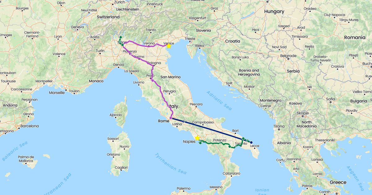 TravelMap itinerary: driving, train, flight, private car transfer in Italy (Europe)