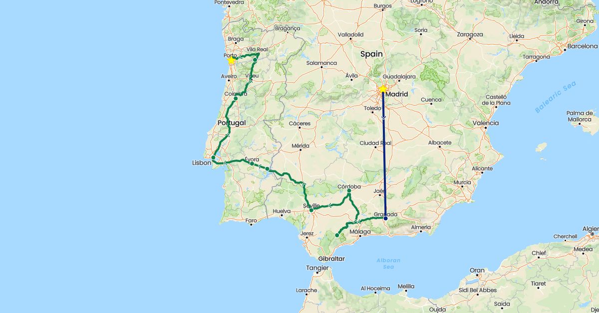 TravelMap itinerary: driving, flight, private car transfer in Spain, Portugal (Europe)