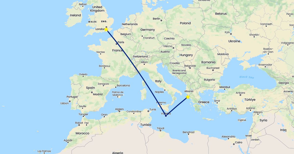 TravelMap itinerary: driving, flight in United Kingdom, Greece, Malta (Europe)
