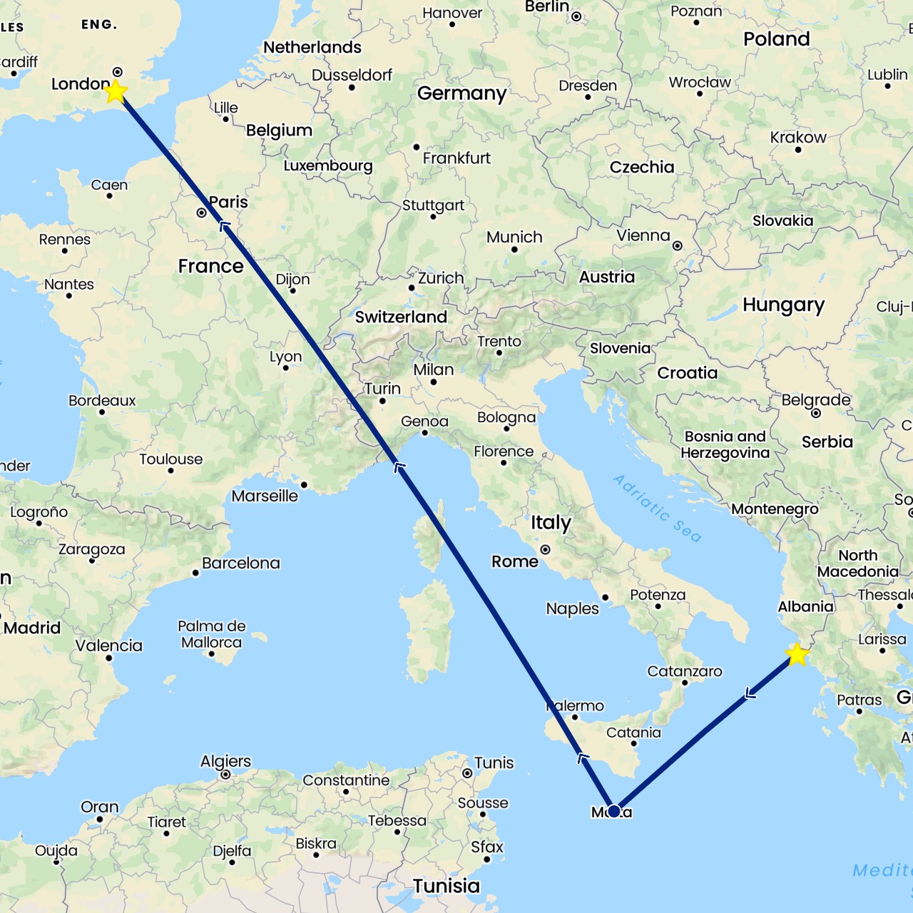 TravelMap itinerary: driving, flight in United Kingdom, Greece, Malta (Europe)