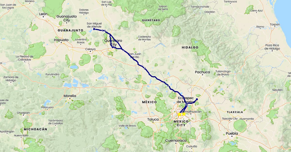 TravelMap itinerary: driving in Mexico (North America)