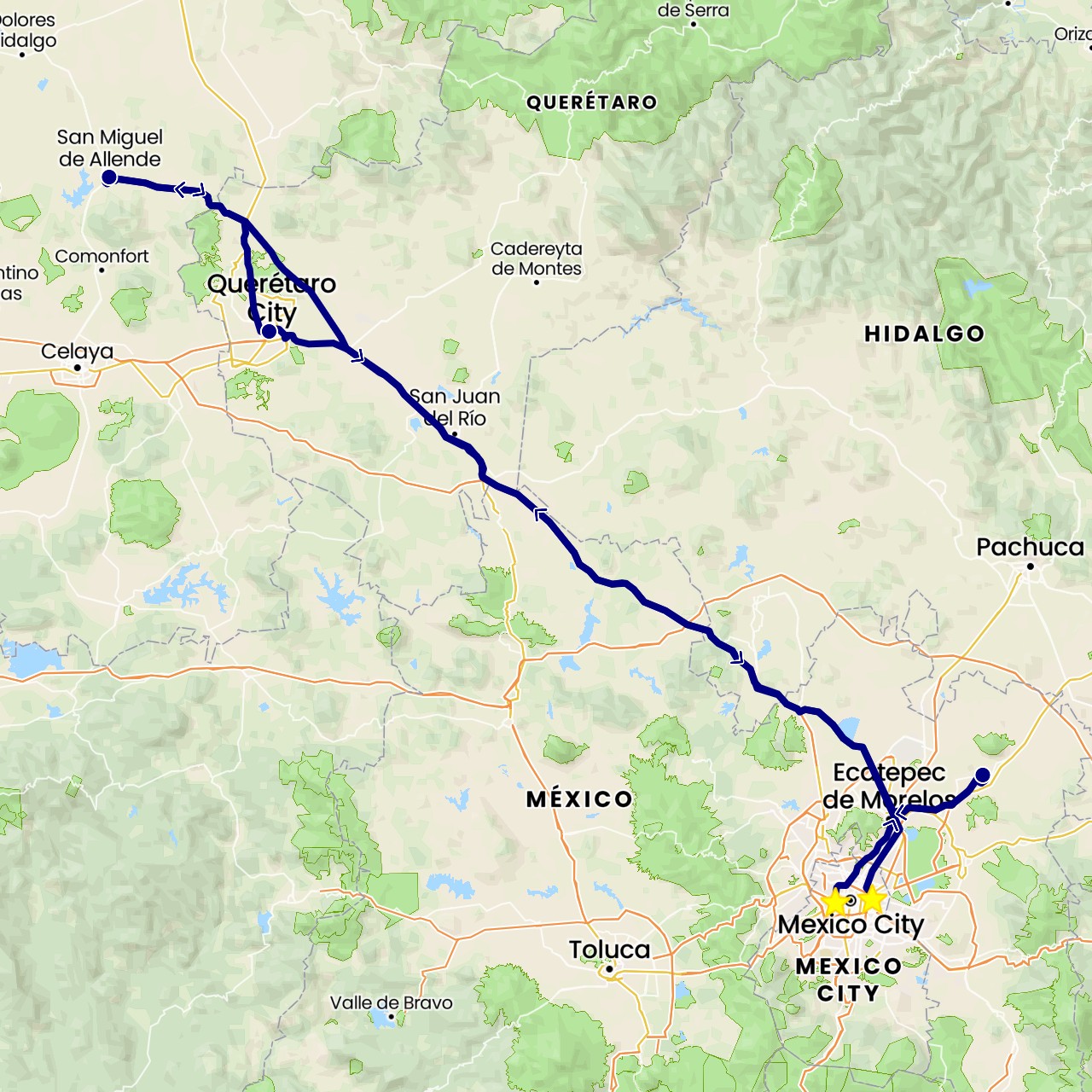 TravelMap itinerary: driving in Mexico (North America)