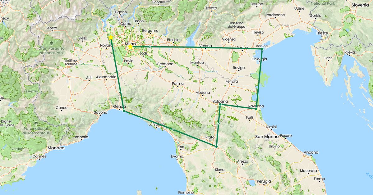 TravelMap itinerary: driving, private car transfer in Italy (Europe)