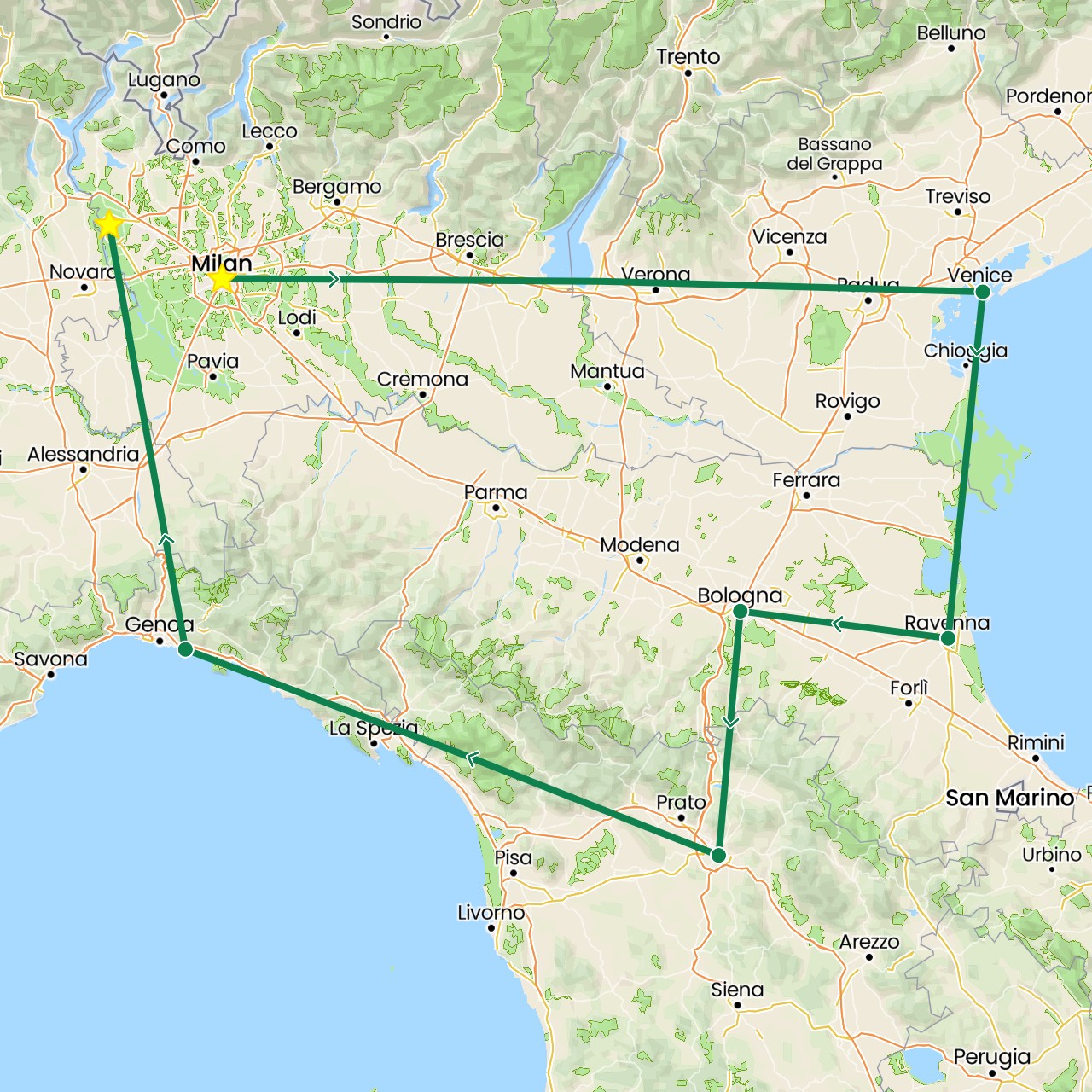 TravelMap itinerary: driving, private car transfer in Italy (Europe)