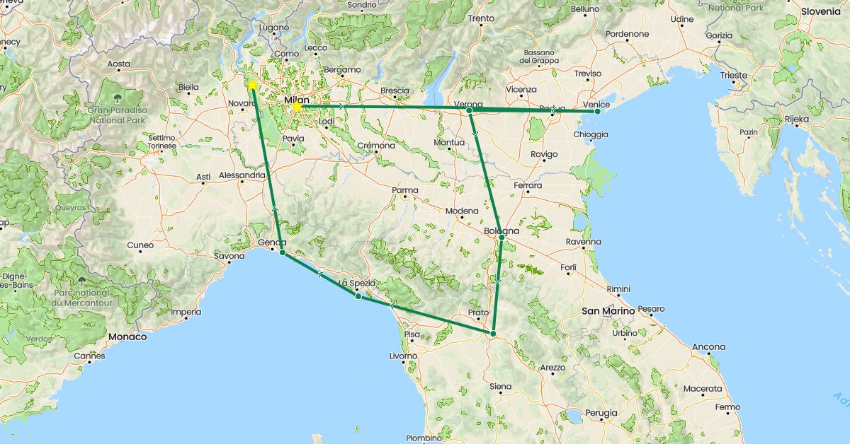 TravelMap itinerary: driving, private car transfer in Italy (Europe)