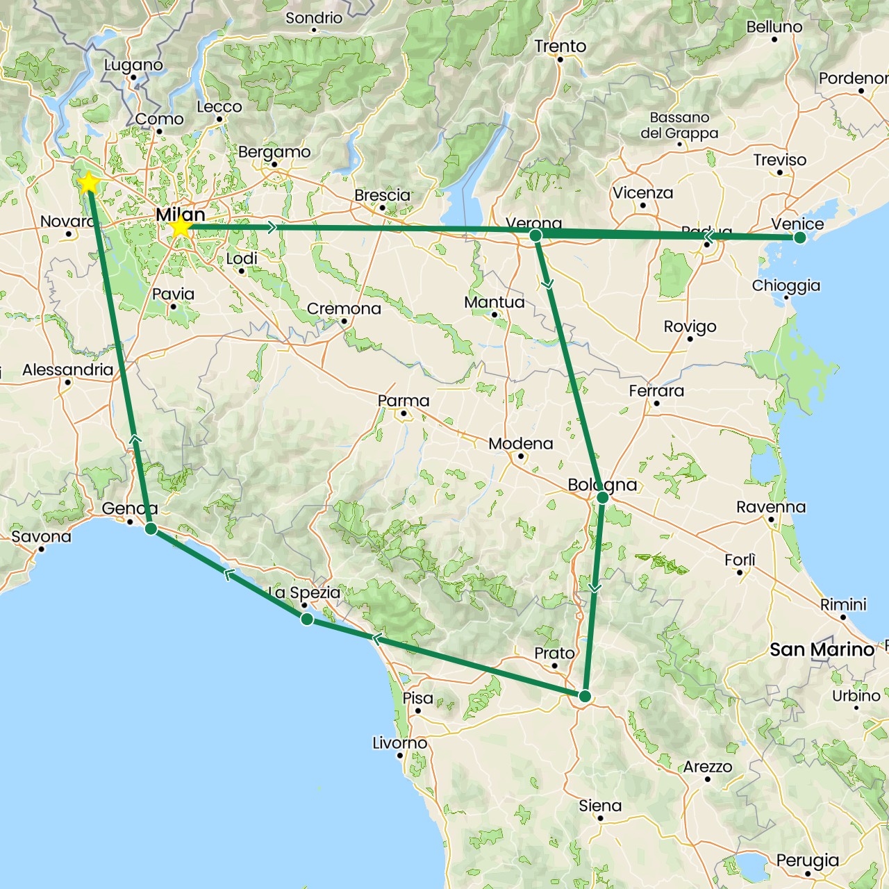 TravelMap itinerary: driving, private car transfer in Italy (Europe)