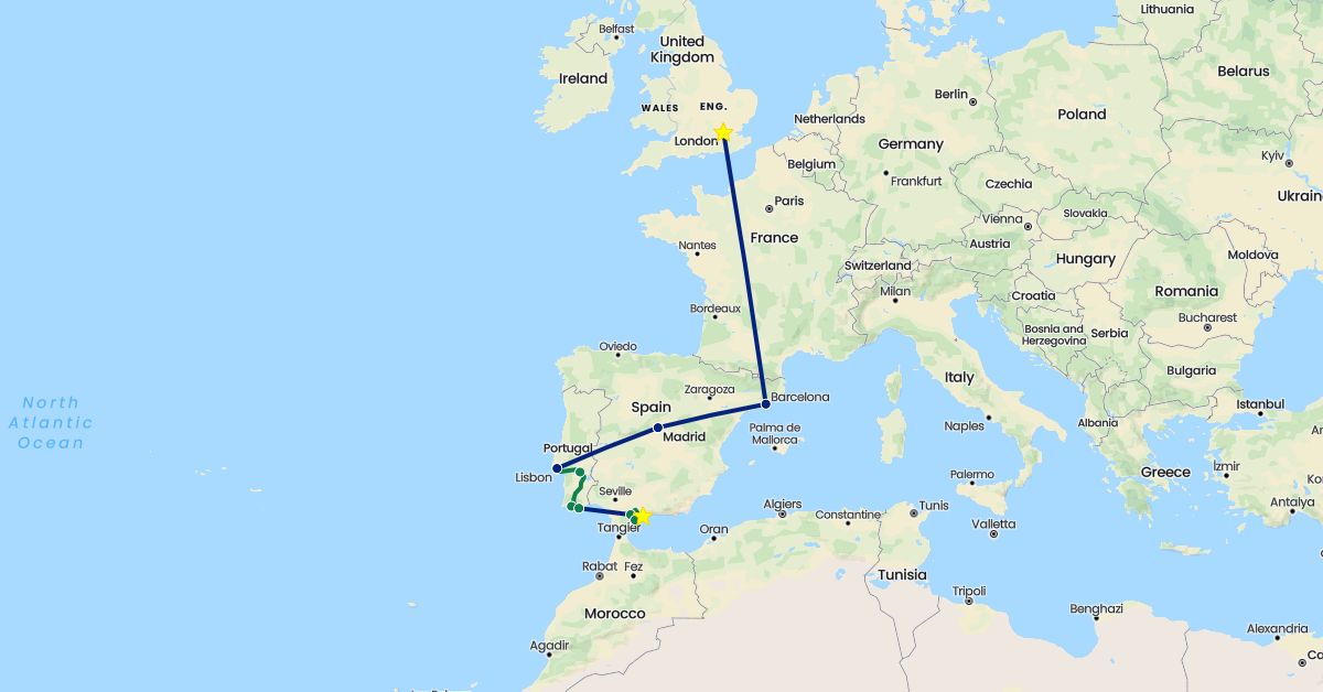 TravelMap itinerary: driving, flight, private car transfer in Spain, United Kingdom, Portugal (Europe)